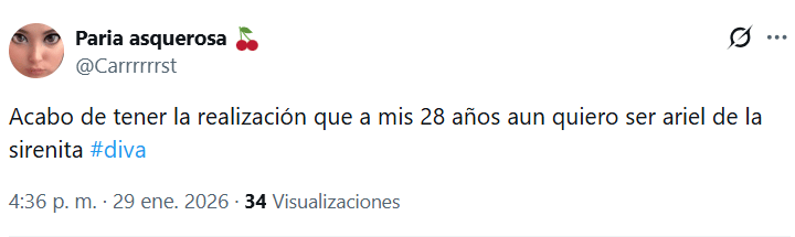A tweet expressing a realization about wanting to be Ariel from 'The Little Mermaid' at age 28, featuring a user with a stylized face emoji.
